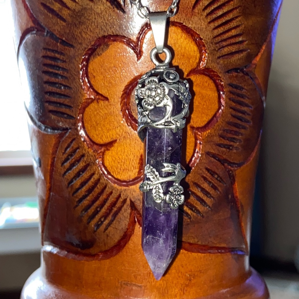 Amethyst Wrapped w/Silver Pendant & Necklace- Hand Made Mystical Healing Crystal - Picture 3 of 16